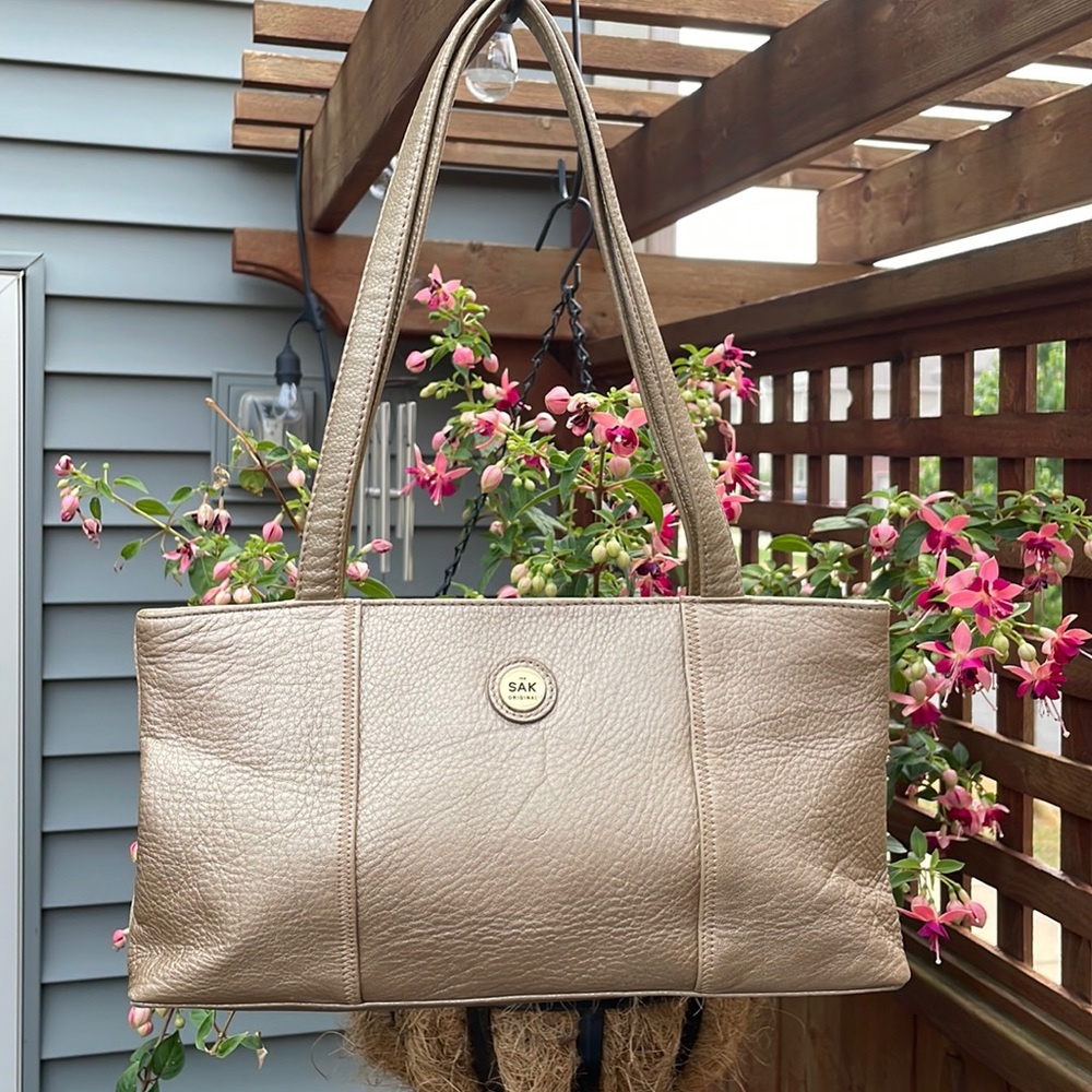 THE SAK Original Gold Pebbled Leather Small Tote Shoulder Bag with Gold Hardware